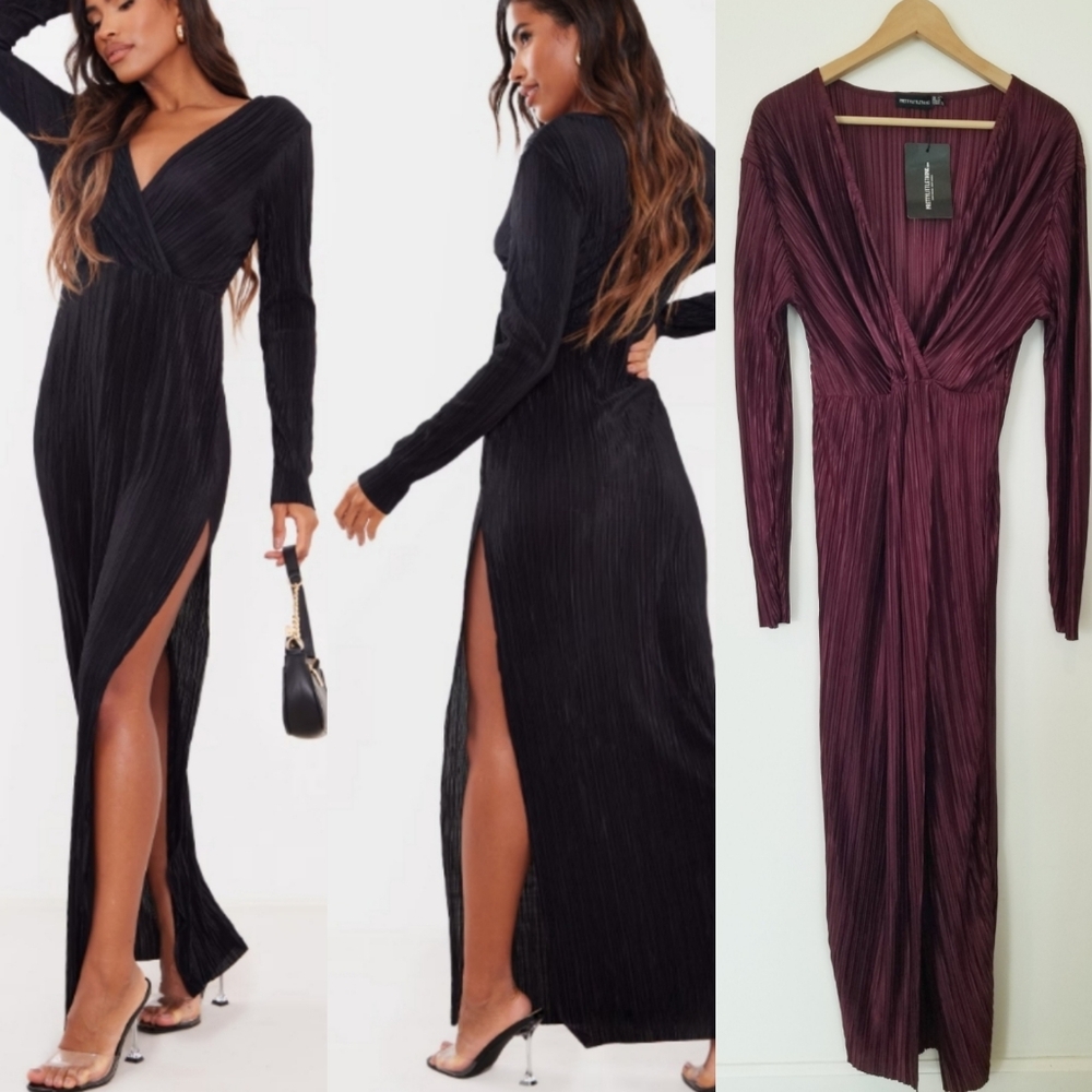 Pretty Little Things Plisse Slinky Pleated Wrap Maxi Dress NWT Plum Goth Witchy